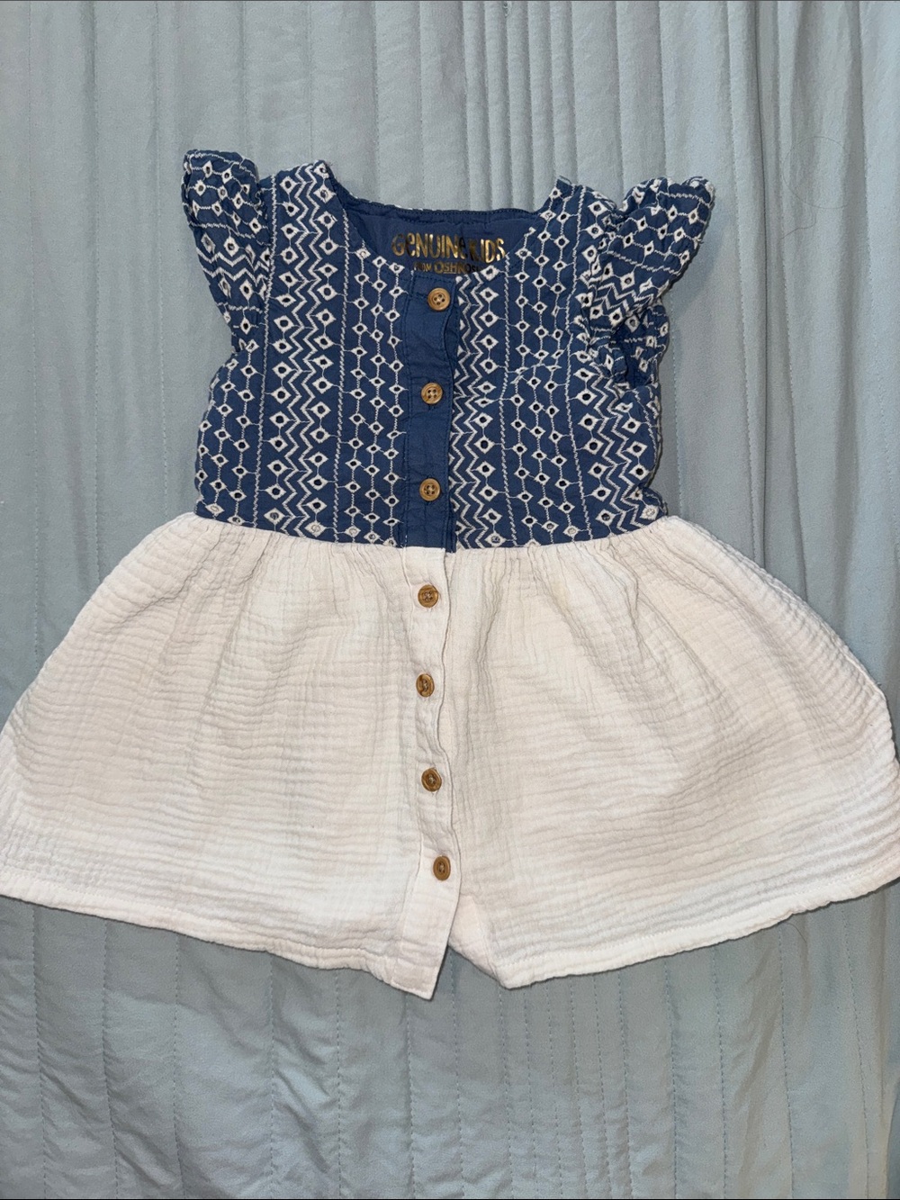Cute Blue and White Dress with Eyelet Detail and Gauze Skirt